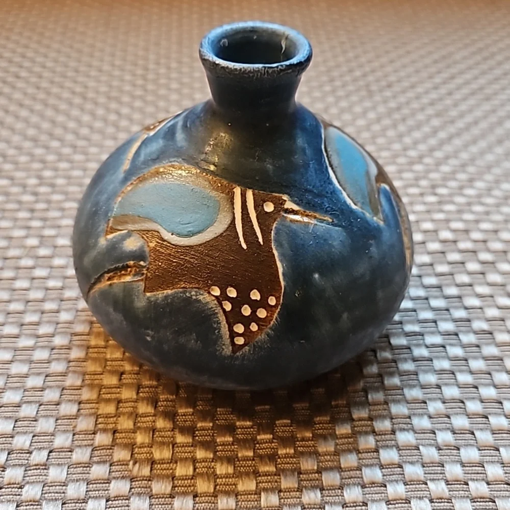 Vintage Hungary Stoneware Vase Three Birds Handmade Small - Picture 2 of 5